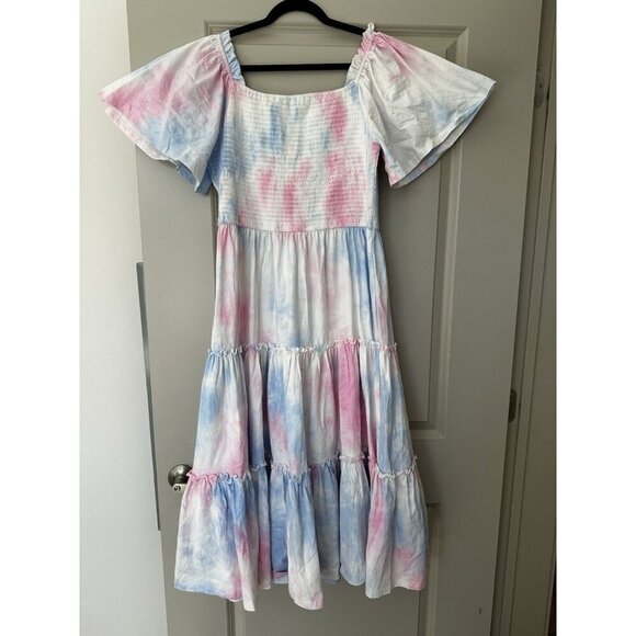 Ivy City NWT Cotton Candy Dress Midi Smocked Tiered Short Sleeve Blue Pink XL - Picture 4 of 7